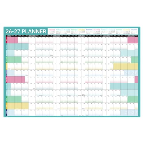Yearly Wall Calendar 2026-2027 - Wall Calendar 2026-2027, Jul. 2026 - Jun. 2027, 26-27 Yearly Calendar with Julian Dates, Thick Paper, Round Sticks, 34.9 x 23.1Open - Colorful