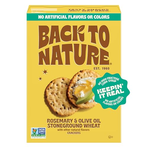 Back to Nature Rosemary & Olive Oil Stoneground Wheat Crackers, Non-GMO, Plant-Based Snack Cracker, Made with Whole Grains & Flax Seed, 5oz Box