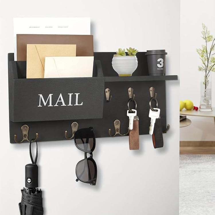 Wooden Wall Mounted Key Holder, 1 Count Multi-Purpose Storage Rack, Home Organizer Hook for Entrance, Hallway, Living Room, Home Essentials 1, Black