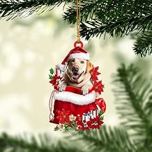 Talataca Labrador Retriever 2D Flat Christmas Ornament, Yellow Lab in Red Santa Gift Bag Pine Tree Decor, Hanging House Charm Eve Keepsake, Car Rear View Mirror Accessories, Xmas Gift