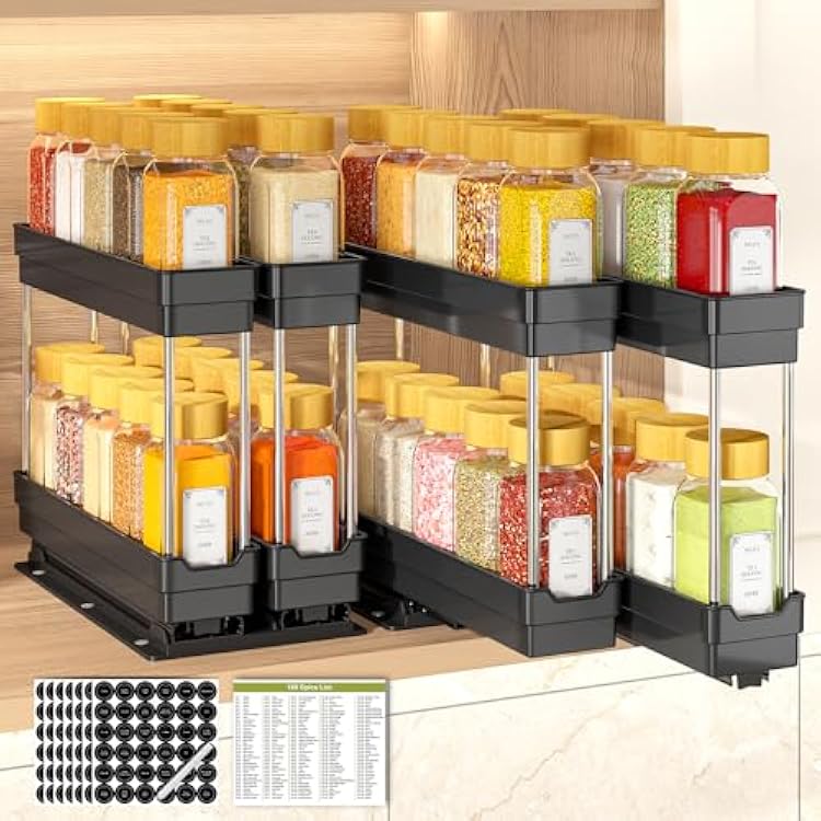 2 Pack Pull Out Spice Rack Organizer for Cabinet, Slide Out Seasoning Kitchen Organizer, Heavy Duty Spice Cabinet Organizers with Labels for Kitchen Pantry, 5.3 W x10.7 D x10 H, 4 Drawers, 2-Tier