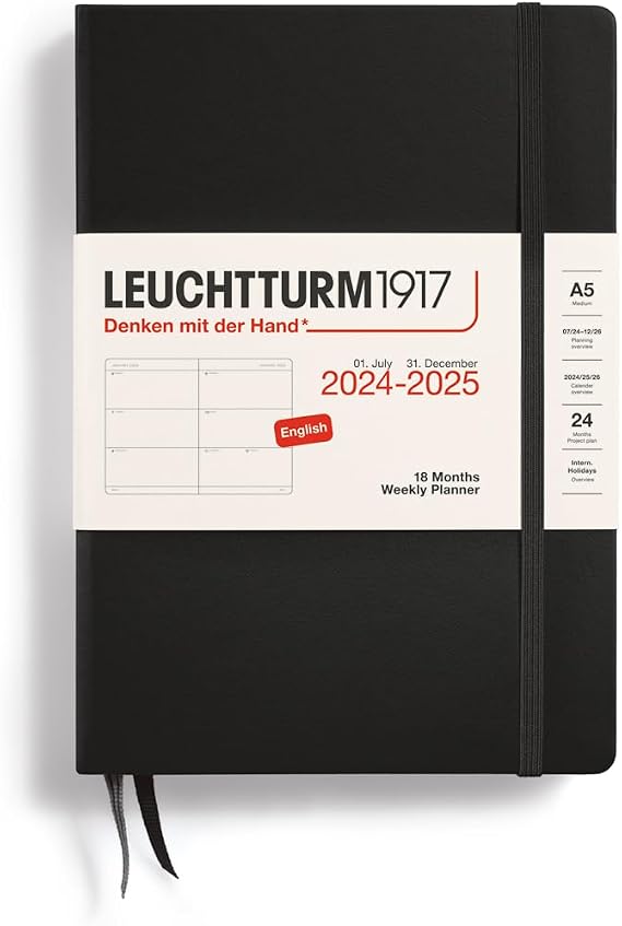 LEUCHTTURM1917 370718 Weekly Planner Medium (A5) 2025 18 Months Black English