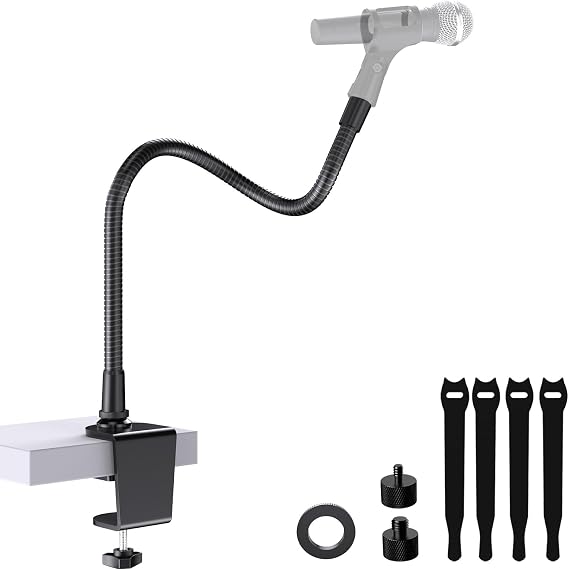 19 Inch Gooseneck Microphone Holder for Podium, Heavy-Duty 2.5 lb Max | Thickened Aluminum Flexible Gooseneck, with 1/4" and 3/8" Adapters, Desk Clamp, Ideal for Gaming, Podcast, Streaming