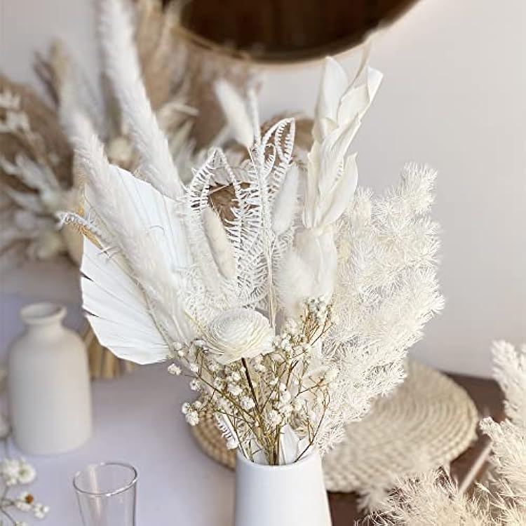 White ThemePalm Leaf Dried Flower Bouquet, Bohemian Flower Arrangement, vase Home Decoration, Desktop Theme White Bouquet