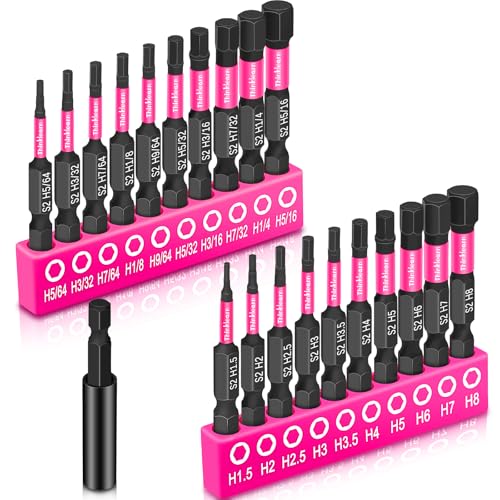 20PCS Hex Head Allen Wrench Drill Bit Set Metric&SAE, 14 Hex-Shank S2 Steel Drill Bits Sets with 2.3 Extension Bit Holder, Impact CNC Machined Tips with Magnetism, Perfect Home DIY-Gift for Women