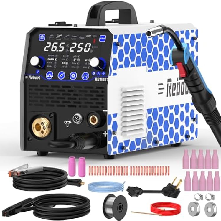 Reboot 250Amp 8-in-1 MIG Welder RBM2500 PRO and 10-Pack MB15 Ceramic Nozzles 120V240V Multiprocess Machine wGas MIG, Flux Core, Lift TIG, Stick, Spot & Spool Gun