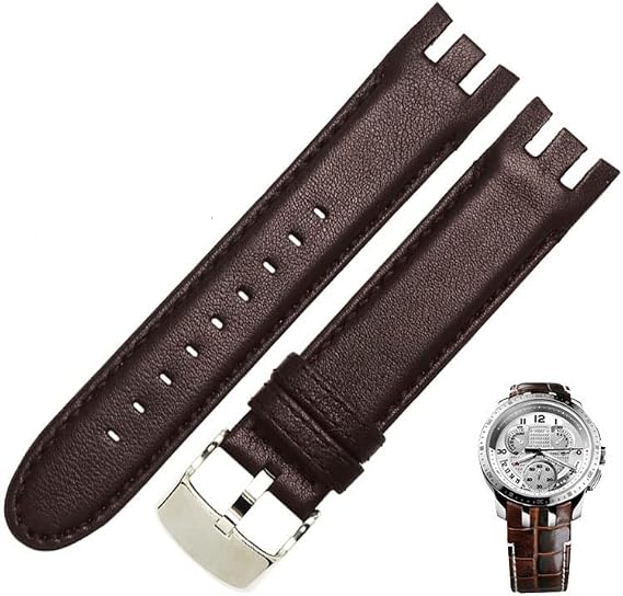 Genuine Leather Watch Bracelet for Swatch YRS403 412 402G Watch Band 21mm watchband Men Curved end Watches Strap (Color : Plain Brown, Size : 21mm)