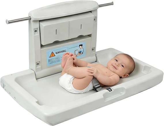 Wall Mounted Commercial Baby Changing Station, Foldable Diaper Change Table for Public Bathroom with Adjustable Safety Strap, Dual Side Hooks & Foldable Storage Boxes