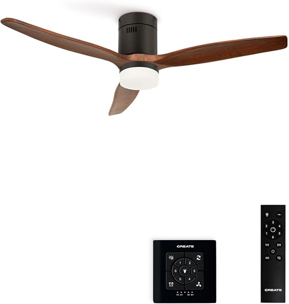 CREATE / WINDCALM M Ceiling Fan ABS with Lighting Black Dark Wood Wing Look with Remote Control and Wall Switch / 40 W Quiet Diameter 132 cm Timer DC Motor Summer Winter Operation