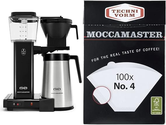 Technivorm Moccamaster 79314 KBGT thermal Carafe 10-Cup Coffee Maker 40 Ounce, Black 1.25l & #4 White Paper Filters, 100-count per box