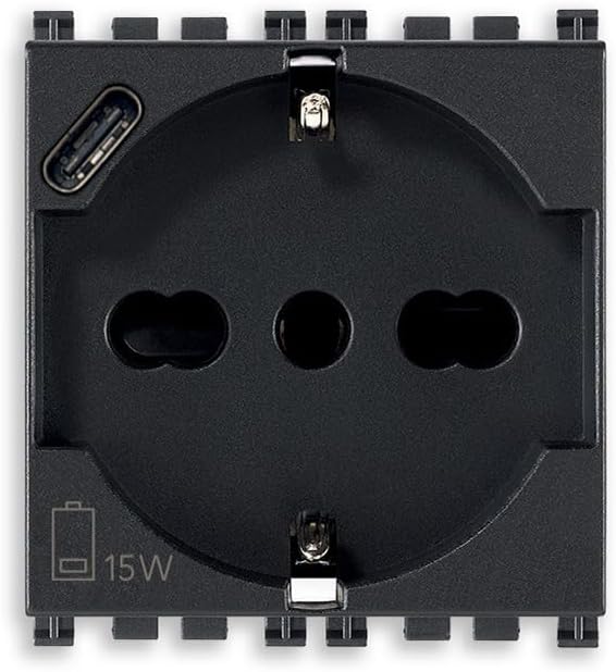 VIMAR 19210.USB Arké Socket 2 Modules SICURY 2P+T 16A 250V Universal Italian Standard P40 and USB Output Type C 5V and 3A for Fast Charging, Grey