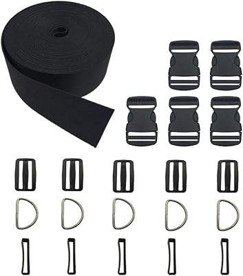 Vtete 2 Inch 5 Yards Black Nylon Heavy Webbing Strap  5 PCS 2 Flat Side Release Buckles, D Rings and Tri-Glide Slides - Plastic Buckles Kit for DIY Pet Collar, Luggage Straps and Backpack Repairin