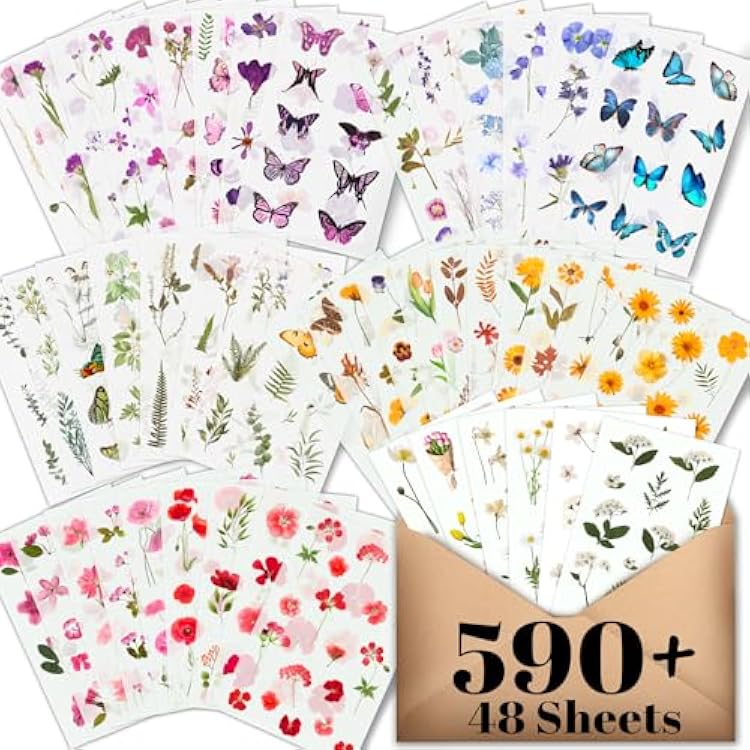Arme Flower Stickers for Scrapbooking590 Pieces, 48 Sheets,Decorative Floral Stickers, Small Flower Sticker for Adults, Pressed Flowers Stickers Pack, Colorful Wildflower Sticker for Scrapbooking
