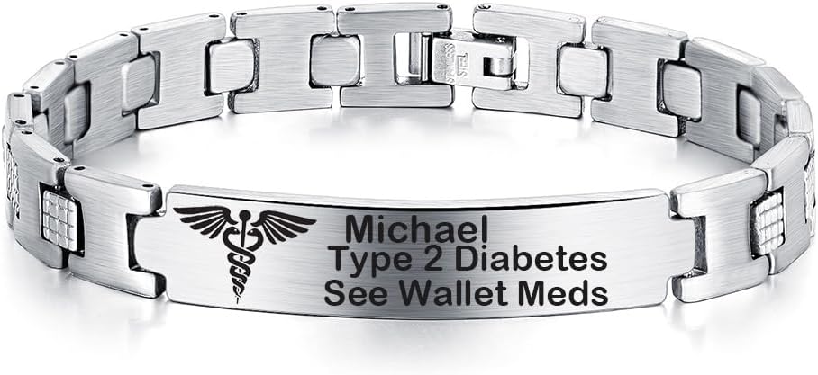 Personalized Emergency Bracelet Medical Alert id Bracelets Custom Engraved Stainless Steel Mens id Bracelets 7.4"-8.2",with Medical Card