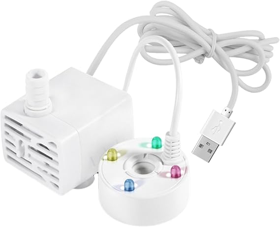 Mini Fog Machine, USB 5V Water Pump Mist Maker with 4 LED Lights & Suction Cup, Adjustable Mist Maker Fogger for Indoor or Outdoor Fountains, Water Feature Use
