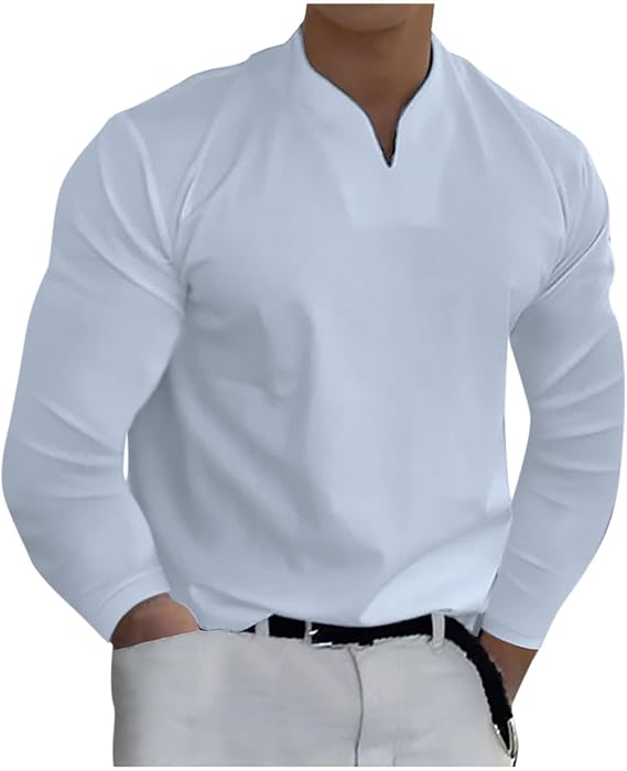 Black Shirts for Men 2023 V Neck Long Sleeve Business Work Casual Tshirt Fashion Solid Pullover Sweater Going Out