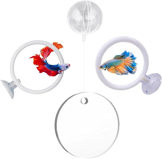 Betta Fish Tank Accessories Set, 2 PCS Fish Exercise Ring, Includes 1 Fish Mirror with Floating Ball, Floating Round Enrichment Feeder, Fishes Tank Accessories for Exercise