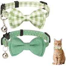 Cat Collar Breakaway Bowtie Safety with Bell Adjustbale Kitten Puppy Solid Plaid Color Set J-[2pcs] Green