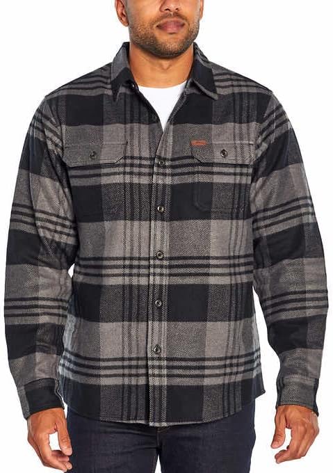 Orvis Big Bear Heavyweight Double Brushed Flannel Button Down Shirt with Hand Warmer Pockets (Black and Gray, XXL)