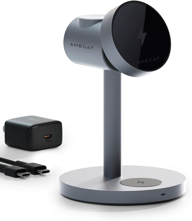 MagFusion 3-in-1 Charging Station Compatible with MagSafe, Qi2 Certified 15W Magnetic Wireless Charger Stand, for iPhone 17/16/15/14/13/12 Series, Apple Watch, AirPods(30W PD Charger Included)