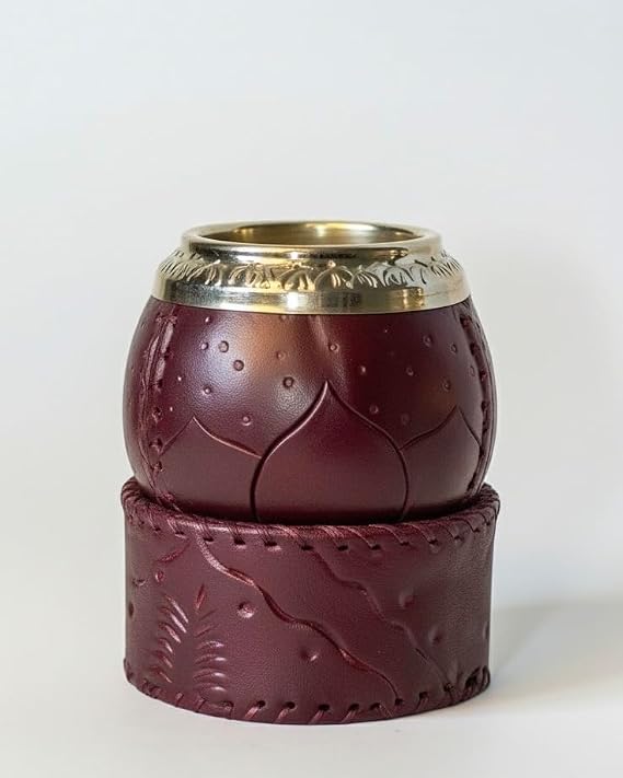 Yerba Mate Gourd with Stainless Steel Bombilla - Handmade Mate Gourd, Mate Drinking Cup, Pumpkin Mate Gourd, Yerba Mate Set, Torpedo Leather Base (Brown)