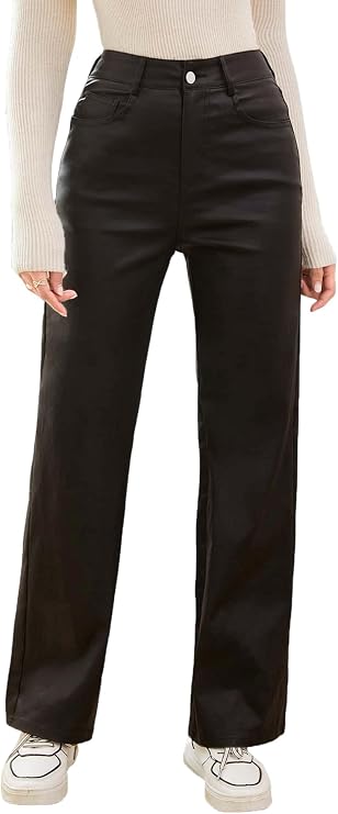 MakeMeChic Women's Faux Leather Pants with Pockets High Waist Leather Jeans