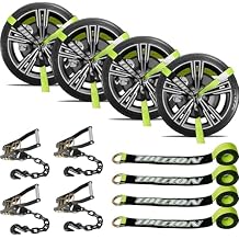 4 Pack Car Tie Down Straps for Trailers with Heavy Duty Chain Anchors 2" x 96" - 3,300 lbs Safe Working Load -Adjustable Wheel Straps with Chain Hook Anchors for Trailers.Green