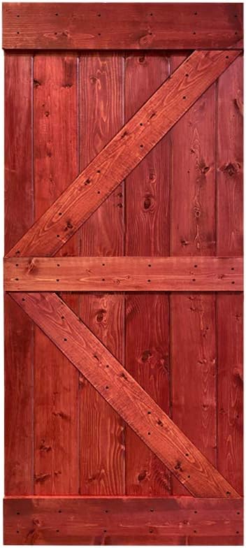 TMS K Series Stained Solid Knotty Pine Wood Interior Sliding Barn Door without Sliding Hardware Kit (30" x 84", CHERRY RED)