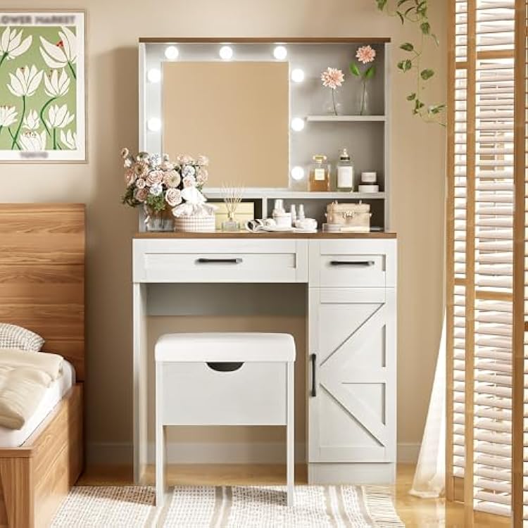 Farmhouse Makeup Vanity Desk with Hollywood Mirror and Lights Antique White Brown Wood Grain Elegant Design Adjustable Bulbs for Bedroom Dressing Area Rustic Charm Makeup Vanity with Lights