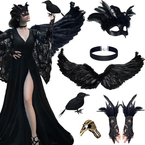 Mepase 6 Pcs Halloween Crow Feather Costume for Women, Include Crow Bird Model, Black Feather Shawl with Nature Feather Cuffs, Medieval Cloak Suit, Lace Choker Gothic Necklace, Crow Skull Viking Ring
