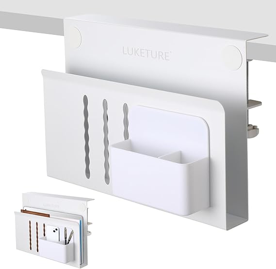 LUKETURE Desk Side Storage, Steel Side Desk Organizer, No Drill Laptop Holder, Clamp on Laptop Mount with Pen Holder, Table Hanging Storage for Home Office, Fits Flat Edge Tables 0.3" to 2.8" | Steel Side Desk Organizer, Clamp on Laptop Mount with Pen Holder, Hanging Storage for Home Office, Fits 0.3" to 2.8"