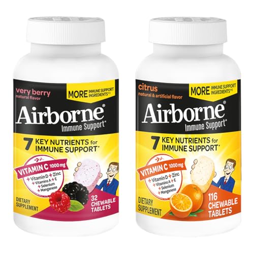 Airborne 1000mg Vitamin C  Zinc Immune Support Supplement Chewable Tablets, Very Berry & Citrus Flavor with Powerful Antioxidants Vitamins A C & E, 116 Chewable Tablets Very Berry  Citrus