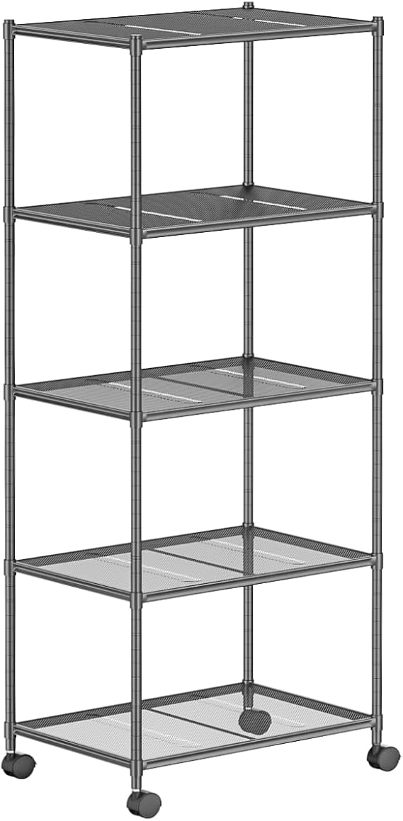 OVICAR Storage Shelf with Wheels - Adjustable 5 Tiers Mesh Wire Shelving Unit, Metal Standing Storage Rack for Kitchen Pantry Closet Bathroom Laundry Garage Tool Organizer Shelves