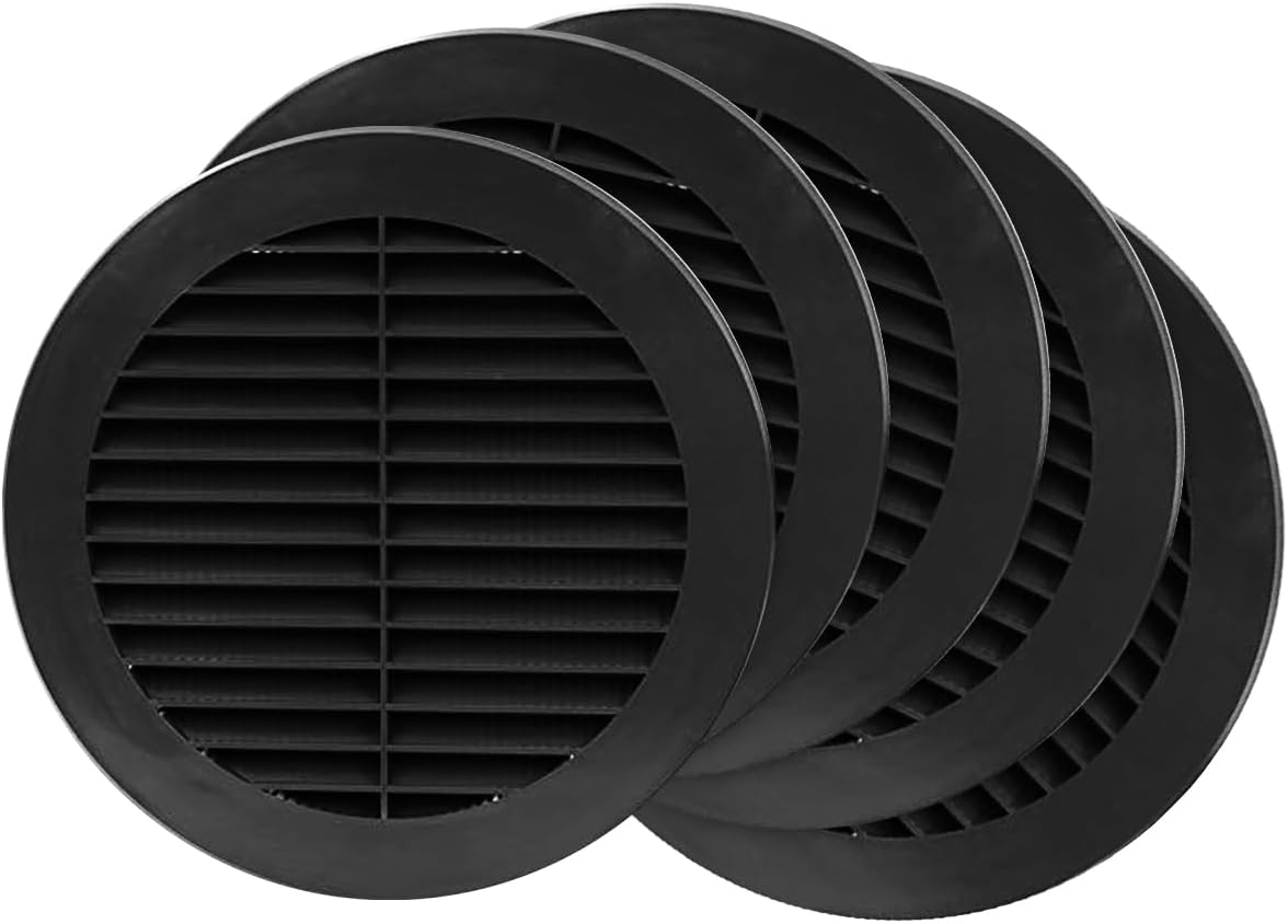 Repa Market 5-Pack 6 Inch - Plastic Black Vent Covers with Flange - Round Soffit Vent - Air Vent Louver - Grille Cover - Protective Screen Mesh - HVAC Ventilation