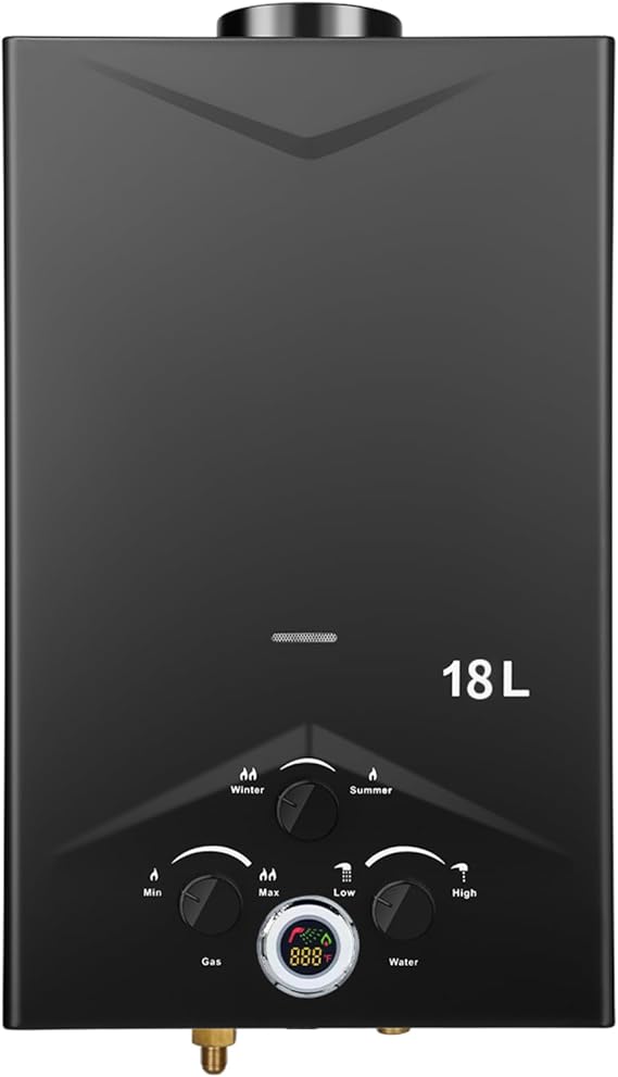Forimo Tankless Water Heater - 4.74GPM, 18L Outdoor Portable Gas Hot Water Heater with Digital Display and Multi-Protection for Camping Trips, Boat Cabins, Black, RSQ-008