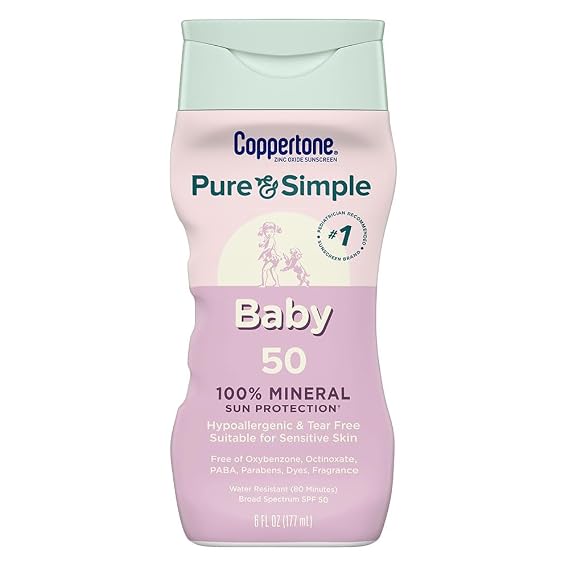 Coppertone Pure and Simple Baby Sunscreen Lotion SPF 50, Zinc Oxide Mineral Sunscreen for Babies, Hypoallergenic and Tear Free, 6 Fl Oz Bottle