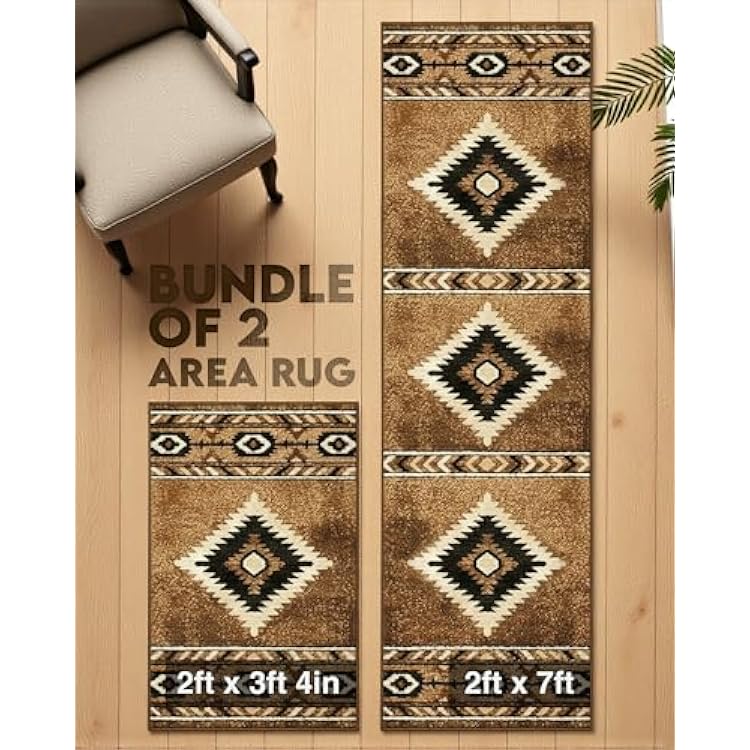 YHSF South West Native American Area Rug Bundle - Easy Clean, Soft, Durable, and Thick Native Tribal American Indian Inspired Rugs for Bedroom, Living Room & Hallways Cigar, 2 x 3 Feet & 2 x 7 Feet