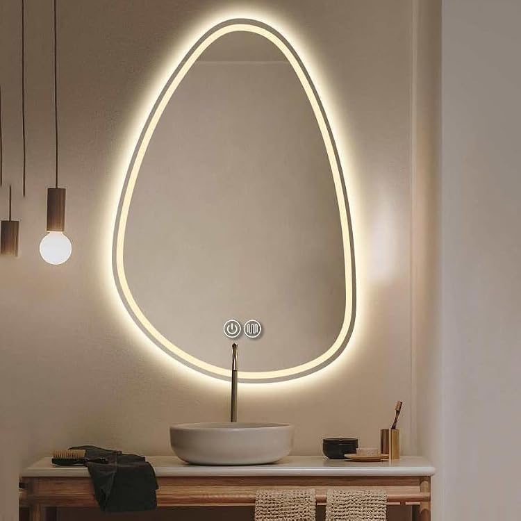 50X70CM|60X80CM|70x90CM Anti-Fog Bathroom Mirror with LED Lights, Irregular Teardrop Wall Mirror, Frontlit  Backlit Lighted Mirror, 3 Colors Temperature, Dimmable, Smart Touch60X80CM
