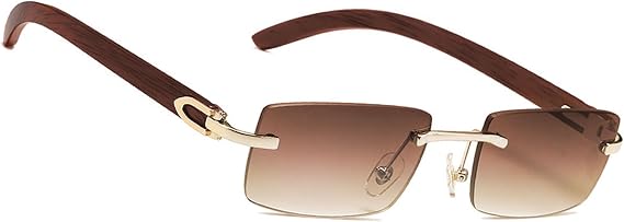 Rectangular Rimless Sunglasses, Wooden Temples, Classic Retro Wooden Sunglasses, UV400 Protection, Transparent Gradient Lens, Vintage Eyewear with Eyeglasses Straps Chain, Anti Glare Glasses