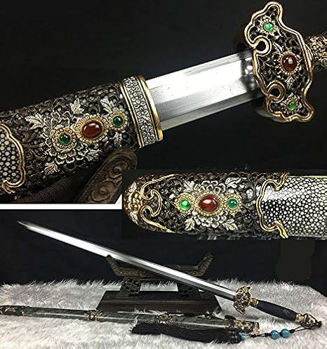 Sword Damascus Folded Feather Clay Tempered Blade Real Skin SAYA Chinese Sword