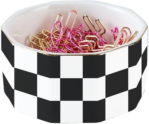 Paper Clip Holder Ceramic Checkered Paper Clip Dispenser for Desk Paper Clip Organizer Office Cute Desktop Decor Binder Clip Holder (Black-01)