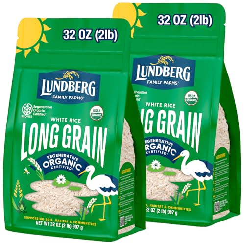 Lundberg White Rice, Regenerative Organic Certified, 2-Pack Non-Sticky, Aromatic Long Grain Rice, Responsibly Grown in California, 32 Oz Ea