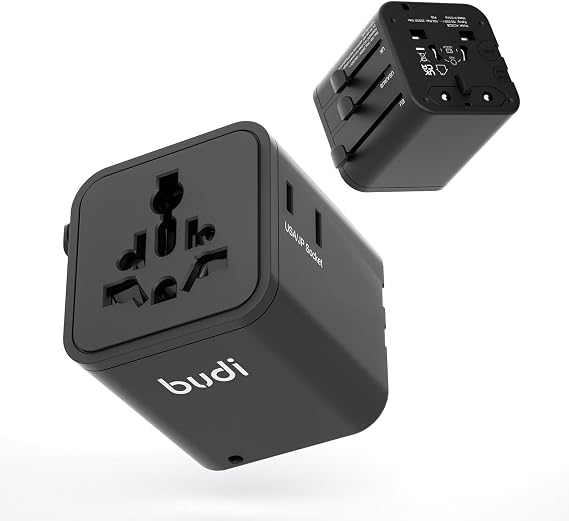 Universal Travel Adapter, 4-in-1 Outlets for Worldwide International Power Adapter USA/JP Socket, Travel Adapter Worldwide - Compact 2.14in Cube Design US EU UK AU Asia (Black)