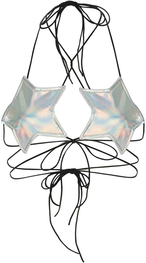 Women Shiny Metallic Star Strappy Tube Top Halter Rave Wrap Around Bandeau Bra