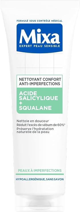 Mixa Anti-Imperfections Comfort Cleanser with Salicylic Acid and Squalane, Hypoallergenic, Soap-Free