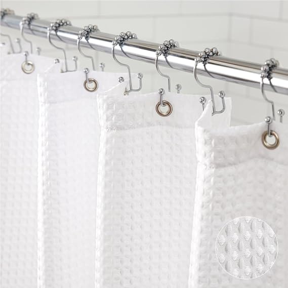 GORILLA GRIP White Waffle Style Textured Fabric Shower Curtain, 72x72