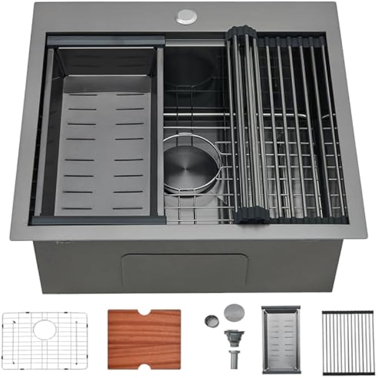 SHACO 21 Inch Black Drop In Kitchen Sink, 21x20 Inch Gunmetal Black Top Mount 16 Gauge Stainless Steel Single Bowl Workstation RV Small Kitchen Outdoor Laundry Wet Prep Sink with Accessories
