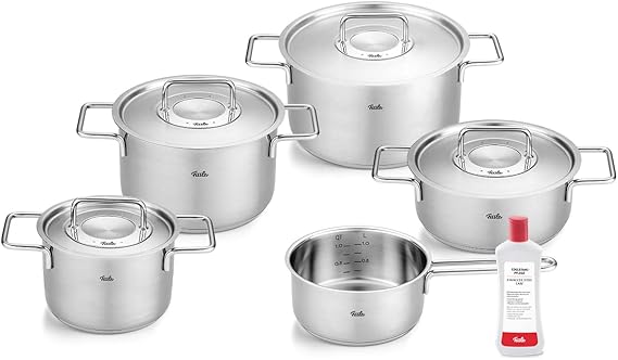Fissler Pure Collection 6-Piece Stainless Steel Saucepan Set with Metal Lids (3 Saucepans 1 Stewing Pan 1 Saucepan 1 Stainless Steel Care) - Induction Silver