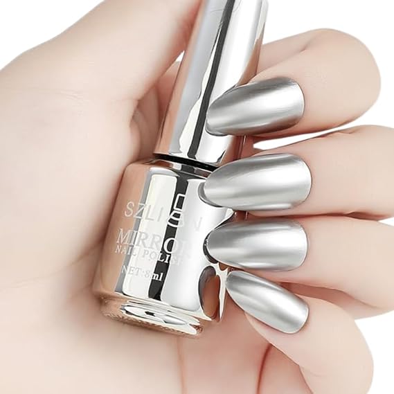 Silver Nail Polish Metallic Mirror Effect Metal Long-Lasting Quick Dry Nail Lacquers, Shiny Chrome DIY Manicure (12, 8ml)