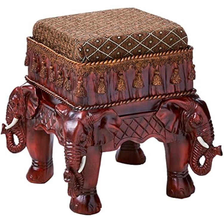 Design Toscano Maharajah Elephants Indian Decor Upholstered Footstool, 13 Inch Tall, Cast Stone Resin, Wood Tone Finish